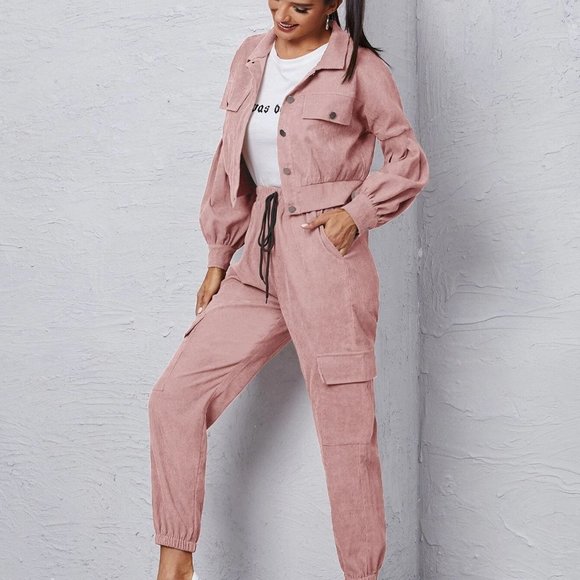 Dusty Pink Corduroy Flap Detail Jacket With Tie Front Cargo Pants - Picture 5 of 5